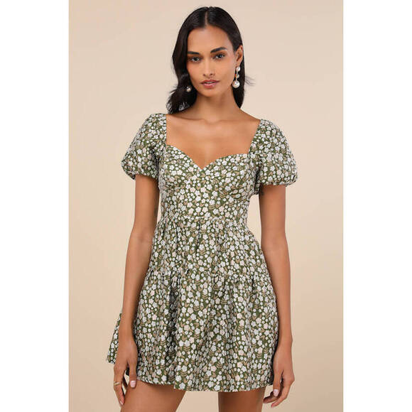 Lulus Dresses & Skirts - Lulus Confident Sweetheart Olive Floral Jacquard Tiered Mini Dress Green